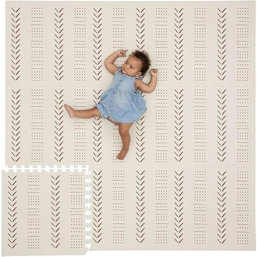 CHILDLIKE BEHAVIOR XXL Baby Play Mats, 72”x72” Puzzle with 9 Foam Tiles, Crawling Mat with Interlocking Tiles, 24”x24” Puzzle Mat Pieces, Neutral Playmat for Toddlers & Infants Play Pen - Beige