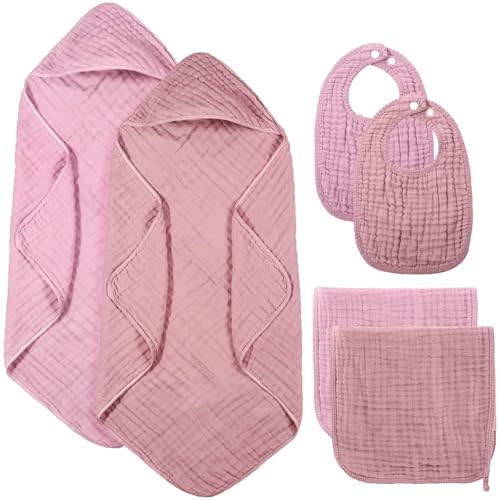 Hahafelt 6 Pcs Muslin Hooded Bath Towels Washcloths and Bibs Set, Muslin Cotton Baby Towels Absorbent Hooded Blanket Towel Infant Bibs for Boys Girls Newborn Infant Essentials(Pink,Rose)