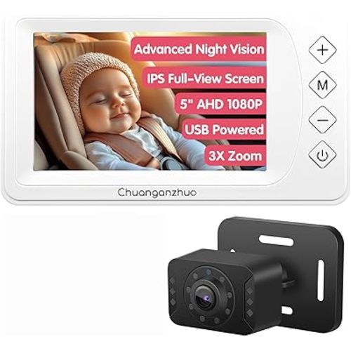 Baby Car Camera with Advanced Crystal-Clear Night Vision, 3X Zoom, USB Powered, 5'' AHD 1080P IPS Full View Car Baby Monitor, Backseat Camera for Kids Infants Rear Facing Mirror, 5inch, White
