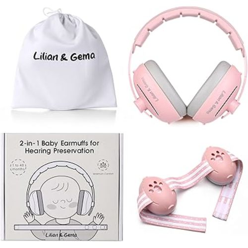 Lilian&Gema 2-in-1 Baby Ear Muffs Noise Protection, Adjustable Headphones with Stretchy Band, Noise Cancelling for Toddler up to 4 Years, Airplane Essentials/Outdoor, Pink