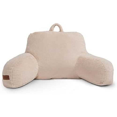 UnHide Squish Backrest Pillow - A Large Pillow with Arms for Sitting Up in Bed, Reading or Lounging - Removable, Washable Faux Fur Cover, Beige