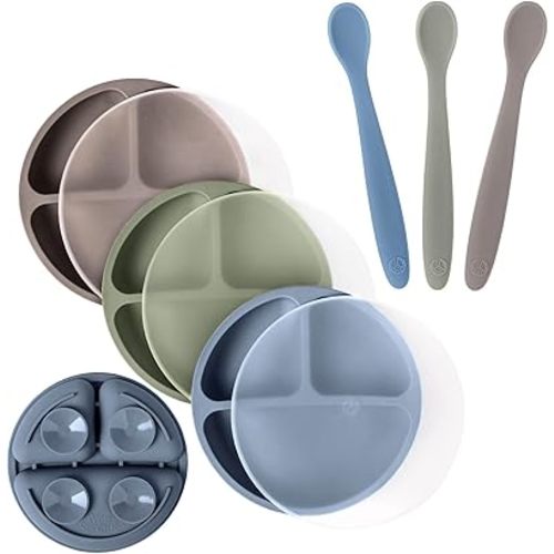 WeeSprout 3 Suction Plates with Lids & 3 Soft-Tip Spoons Bundle - Complete Mealtime Set - Silicone Baby Dinnerware - Divided Toddler Plates - Microwave & Dishwasher Safe