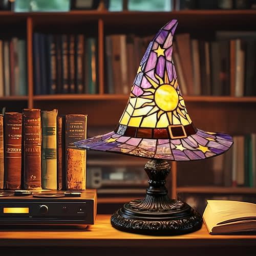 Witch Hat Lamps - Handcrafted Stained Gothic Wizard Hat Lights for Decor,Light with Glow-in-The-Dark Figurine for Bedroom, Mystical Bedroom Ambiance & Wiccan Gifts