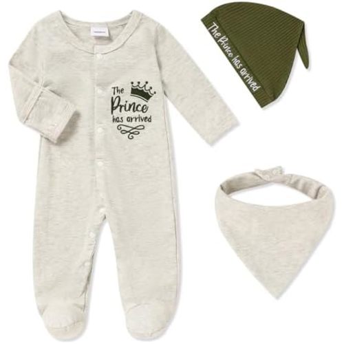 Newborn Infant Baby Boy Coming Homing Clothes Letter Print Button Knit Footed Romper Jumpsuit Hat Bibs 3pcs Outfit