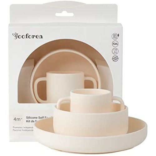Yooforea Baby Led Weaning Supplies I Toddler Infant Baby Essentials First Stage I Baby Feeding Set - Tiny Cup, Suction Bowl & Plate I 100% Platinum Food Grade Silicone I BPA BPS PVC Free - Cream