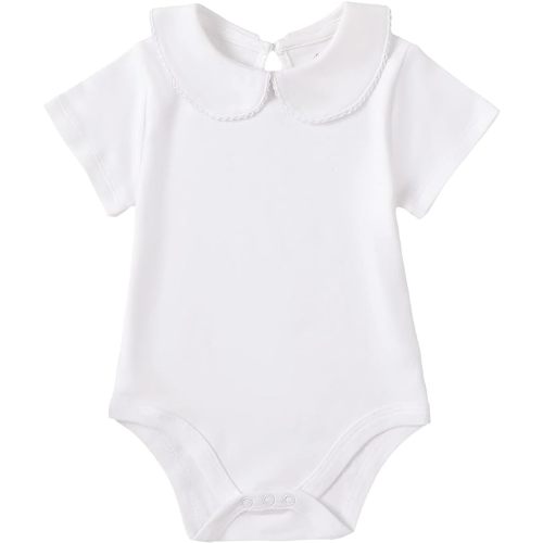 ROMPERINBOX Baby Girl Onsies Short Sleeve Peter Pan Collar Bodysuit Infant Girls Basic Romper 0-24 Months - White - 0-3 Months