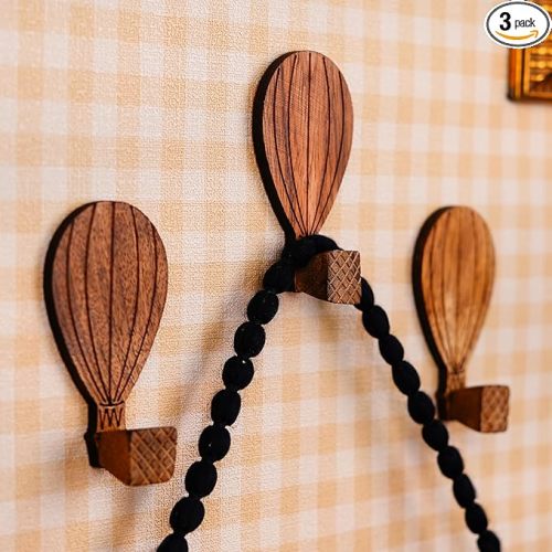 Indian Shelf Hot Air Ballon Decorative Wood Adhesive Wall Hooks for Coats – 3 Hat Hook 6 Strips, Waterproof Towel Holder, No-Drill Hangers for Bathroom – Cute Kids Key Holder for Wall