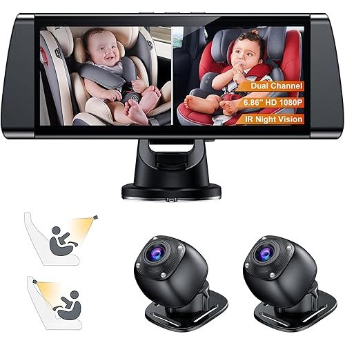 Baby Car Camera for 2 Kids - 7" Split Screen with Dual Carseat Camera - USB Plug and Play Easy Install - Safety Rear Facing Infant Back Seat Monitor with HD 1080P, Night Vision - Black