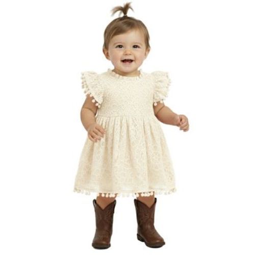 2Bunnies Lace Pom Pom Trim Baby Girl Dress Ivory 3 months