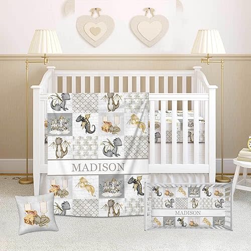 Personalized Baby Crib Bedding Set, Custom Name 3 Piece Nursery Set for Boys and Girls with Flannel Blanket, Fitted Crib Sheet & Pillowcase, Flying Dragon Baby Bedding Gift