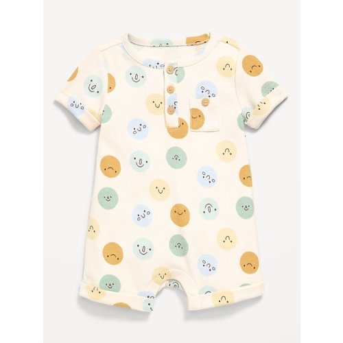 Printed Ribbed Henley Pocket One-Piece Romper for Baby