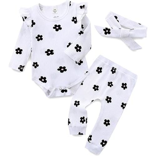 Fullfamous Baby Girl's 3pc Rib Frill Long Sleeve Romper and Pant Set