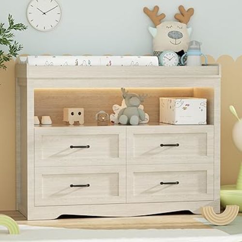 Baby Changing Table Dresser with Changing Table Top for Infants Nursery Dresser Chest with 4 Drawers Storage Changing Station Dresser with LED Light Diaper Changing Station Nursery Organizer,Beige