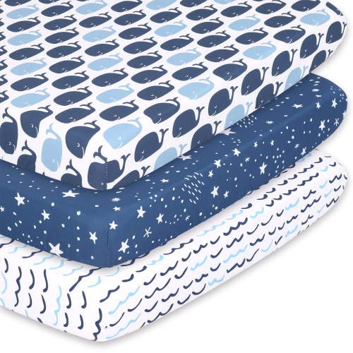 The Peanutshell Pack n Play, Mini Crib, Portable Crib or Fitted Playard Sheets for Baby Boy, 3 Pack Set, Navy, White and Blue Nautical Print