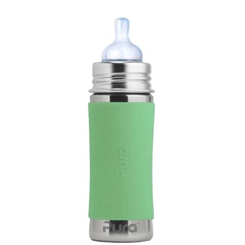 Pura Kiki 9oz/275ml Stainless Steel Infant Bottle w/Sleeve, Anti-Colic, Medical-Grade Silicone, Medium-Flow Nipple, for Babies 3 Months & Up (Moss)