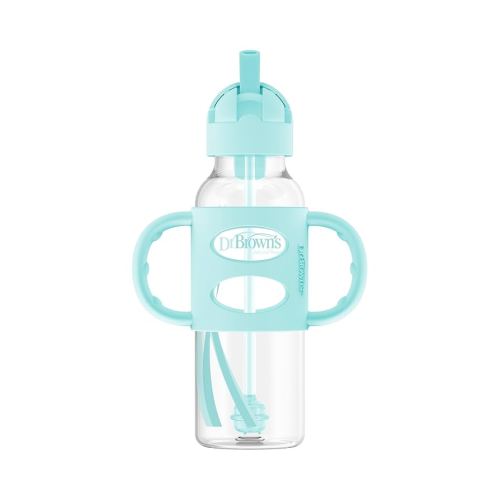Dr. Brown's Milestones Narrow Sippy Straw Bottle, Spill-Proof with 100% Silicone Handles and Weighted Straw, 8 oz/250 mL, Green, 6m+