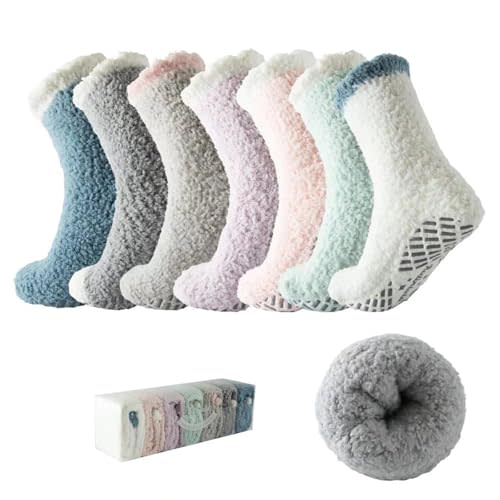 Bulinlulu Fuzzy Socks with Grips Plush Sleep Cozy Winter Soft Hospital Fluffy Socks for Womens Mens Valentine's Day Gifts
