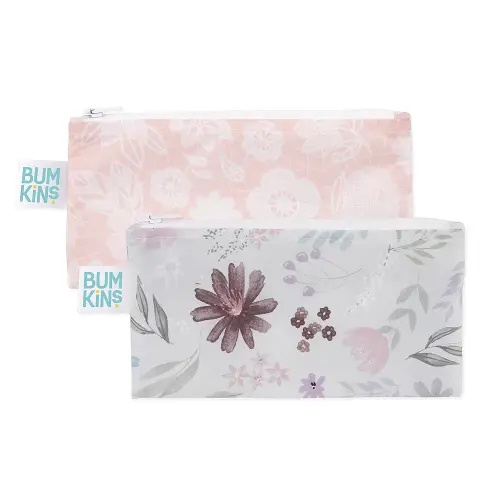 Bumkins Reusable Snack Bags, for Kids School Lunch and for Adults Portion, Washable Fabric, Waterproof Cloth Zip Bag, Supplies Travel Pouch, Food-Safe Storage, 2-pk Floral and Lace