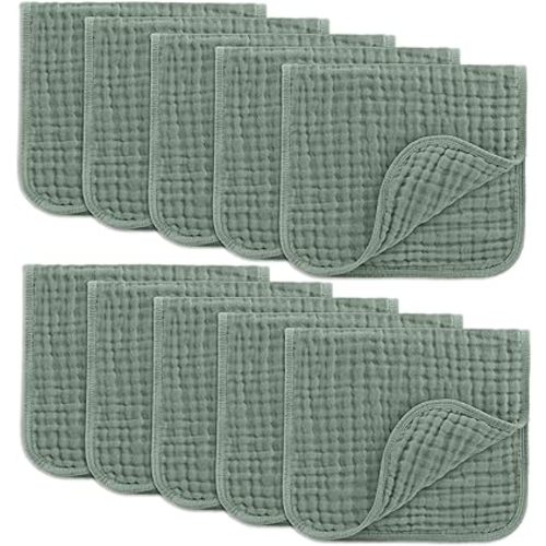 Comfy Cubs Muslin Burp Cloths 20" x 10", Pack of 10 - Large, 6-Layer, Ultra Absorbent 100% Cotton for Baby Drool and Messes - Soft, Safe & Gentle Baby Burp Cloths for Boys & Girls - Fern