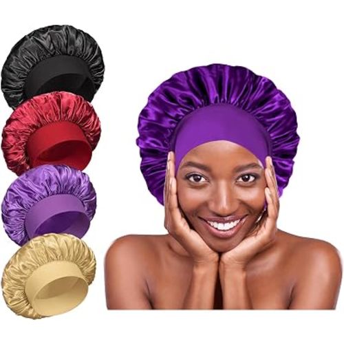 4Pcs Silk Satin Bonnets for Sleeping - Elastic Wide Band Wrap for Black Women Men,Silk Bonnets for Curly Hair,Large Hair Cap for Sleeping (Black+Wine Red+Purple+Brown)