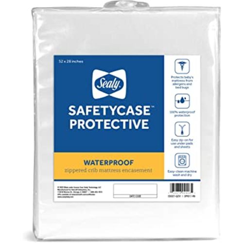 Sealy SafetyCase Protective Waterproof Fitted Zippered Toddler Bed and Baby Crib Mattress Encasement, Waterproof Crib Mattress Protector, Machine Washable and Dryer Friendly, 52" x 28" - White
