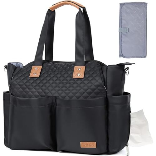 Lekebaby Diaper Bag Tote, Large Diaper Bags Waterproof,Large Mommy Bag for Hospital, Baby Bags for Mom Travel Diaper Tote Messenger Purse, Quilted Black