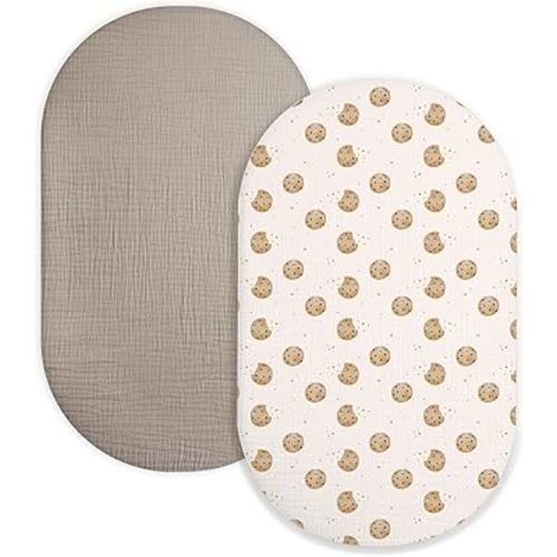Bassinet Sheet for Baby Boy and Girl 2 Pack, Fitted Sheets for Rectangle, Oval, Hourglass Bassinet Mattress, Muslin Moses Basket Sheets with Neutral Style(Cookie & Light Khaki)