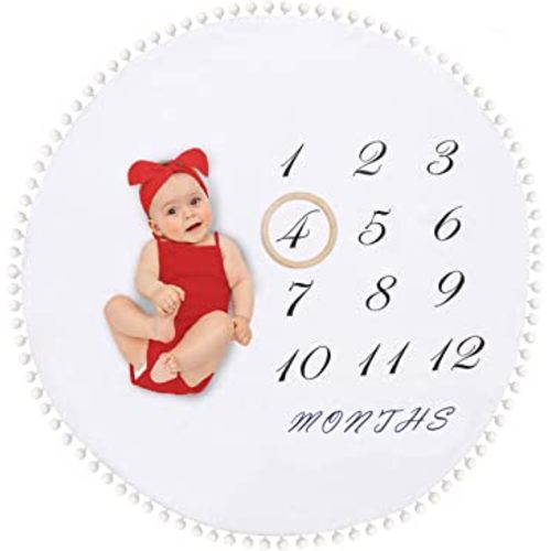 Baby Monthly Milestone Blanket for Boy Girl Gender Neutral Gift for Baby Shower-Circle Ring Play Mat Large- Double Sided Pom Pom Ball Thick Flannel Round Rug for Boy Girl, BabyPhotography Props