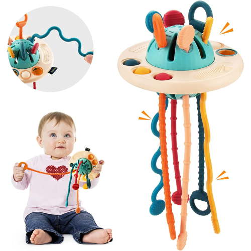 Terra Baby Toys 6 to 12 Months, Montessori Toys for 1 Year Old, UFO Silicone Pull String Sensory Toys for Toddler, Travel Toys for Toddlers 1-3, First Birthday Gift for Boys Girls(UFO Shape)