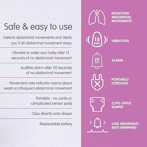Baby movement monitor, portable, wearable - Baby safe: no wifi or Bluetooth, cordless, medical grade material. Audible alarm, advanced sensor technology, battery operated.