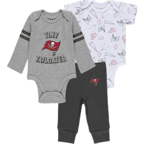 Newborn & Infant WEAR by Erin Andrews Gray/Pewter/White Tampa Bay Buccaneers Three-Piece Turn Me Around Bodysuits & Pant Set, 0-3M