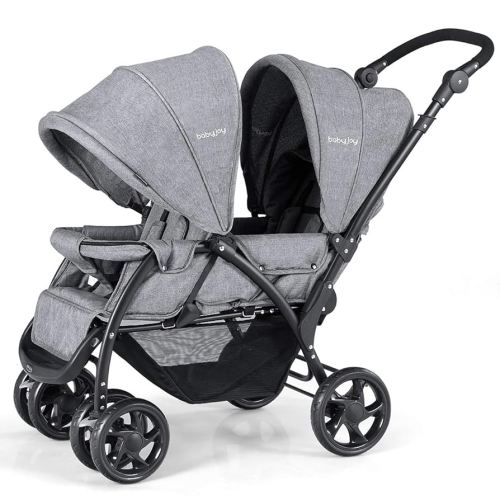 BABY JOY Double Stroller, Foldable Lightweight Twin Stroller with Tandem Seating, Adjustable Backrest/Canopy/Footrest, 5-Point Harness, Storage Basket, Newborn and Toddler (Gray)