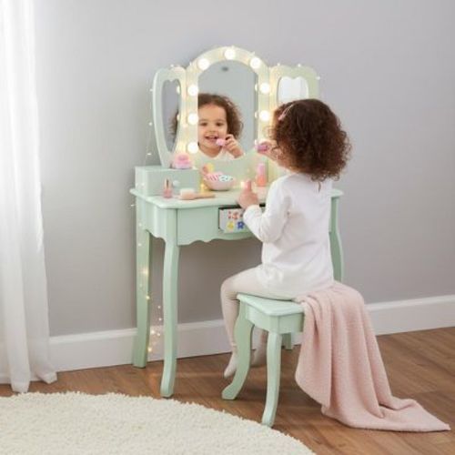 Teamson Kids Heart Glow Wooden Vanity Set with LED Lights Mirror & Stool