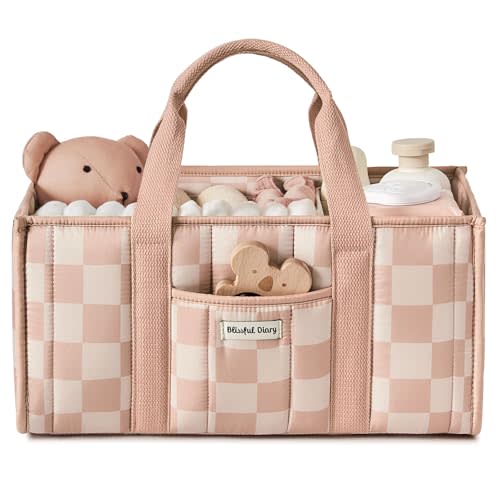 Blissful Diary Checkered Diaper Caddy Organizer, Stylish Nursery Storage Basket, Gift for Baby Shower, Newborn Essentials, Registry Search Must Haves, Pink