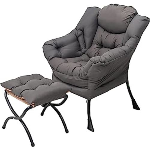Welnow Lazy Chair with Ottoman, Modern Lounge Accent Chair with Armrests and a Side Pocket, Leisure Upholstered Sofa Chair Reading Chair with Footrest for Small Space, Corner Chair, Dark Grey