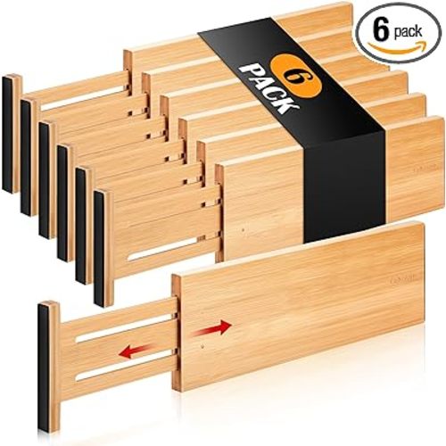 Fabsome Dresser Drawer Organizers 6 Pack, 4.65'' High Adjustable from 12.5-17‘’ Bamboo Drawer Dividers for Clothing Baby Clothes, Wooden Separators for Dresser Nursery Organization with Soft Foam Ends