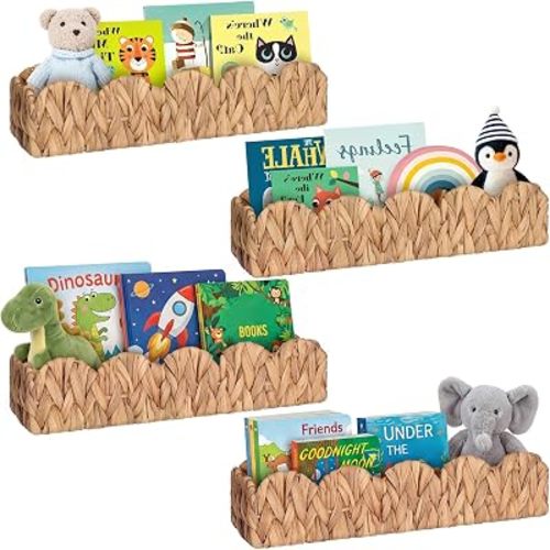 AceOrbit 4 Set Scalloped Nursery Book Shelves 15.8 Inch Woven Natural Water Hyacinth Bookshelf Wall Mounted Hanging Boho Wicker Book Shelf for Bedroom Nursery Decor and Storage
