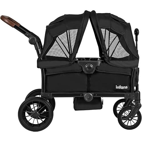 INFANS Wagon Stroller for 2 Kids, Collapsible Adjustable Push Pull Handle Bar, 2 Seater Stroller Wagon with Removable Canopy Snack Tray, Comfortable Drop-Down footwell and Upholstered Seats