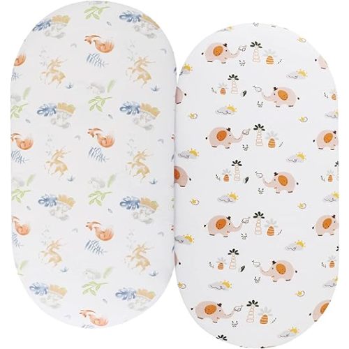 Bassinet Sheets Compatible with Halo Bassinest Swivel, Flex, Glide, Premiere & Luxe Series Sleeper Mattress, 2 Pack, 100% Jersey Knit Cotton 190GSM, Ultra Soft Breathable, Fox Deer and Elephant