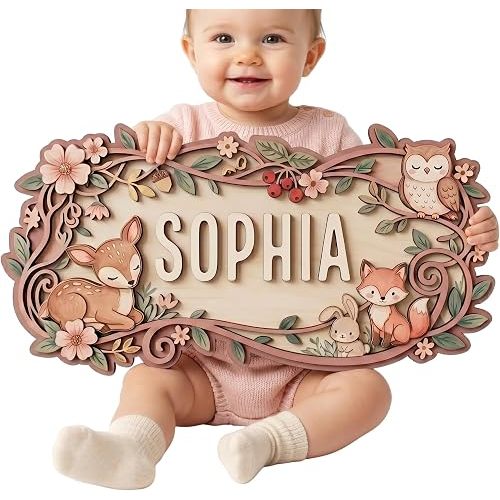 Custom Woodland Nursery Name Sign - Personalized Wooden Baby Name Sign with Deer Fox & Owl, 3D 2-Layer Birch Wood Wall Decor for Girl & Boy Room, Over the Crib, Gift for Baby Shower, 20-24-28-35 Inch