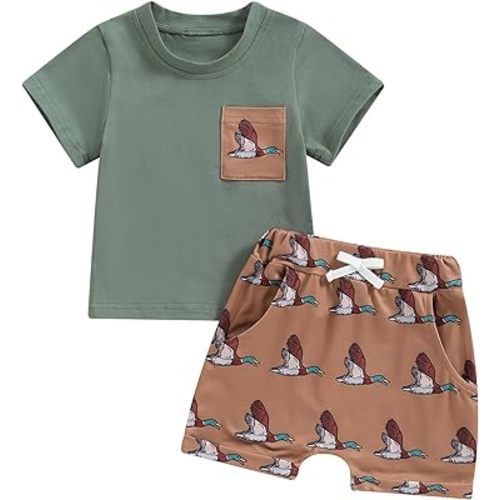 Rtnnsbbfcm Toddler Baby Boy Hunting Outfit Mallard Duck Print Short Sleeve Pocket T-shirt Top Shorts Set Summer Clothes