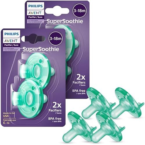 Philips Avent Soothie 3-18 Month Orthodontic Baby Pacifiers, 100% Silicone Pacifiers, One Piece, BPA-Free, Green, 4 Pack, Model SCF192/45