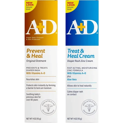 A+D Original Diaper Rash Ointment + Zinc Oxide Diaper Rash Cream 4oz Variety Pack - Prevents & Treats - Moisturizing Skin Protectant With Vitamins A & D