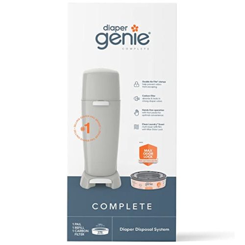 Diaper Genie Complete Pail with Built-In Odor Controlling Antimicrobial, Includes Pail and 1 Refill, Gray Pail, 2 Piece Set (Pack of 1) - Grey - Pail + 1 Refill