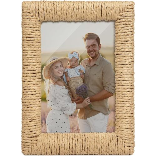 takfot Boho Picture Frame 5x7, Natural Paper Rope Rattan Photo Frame with Real Glass, Wall & Tabletop Display, Gifts for Family Friends - Boho PaperRattan