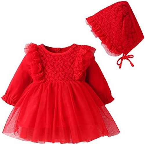 Toddler Baby Girl Long Sleeve Fall Dress Flower Lace Wedding First Birthday Baptism Christening Dresses with Hat Outfit