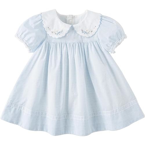 DAVE&BELLA Toddler Baby Girls Summer Dress, Short Puff Sleeve Cotton Sundress Blue Striped Flower Embroidery Prince Dresses