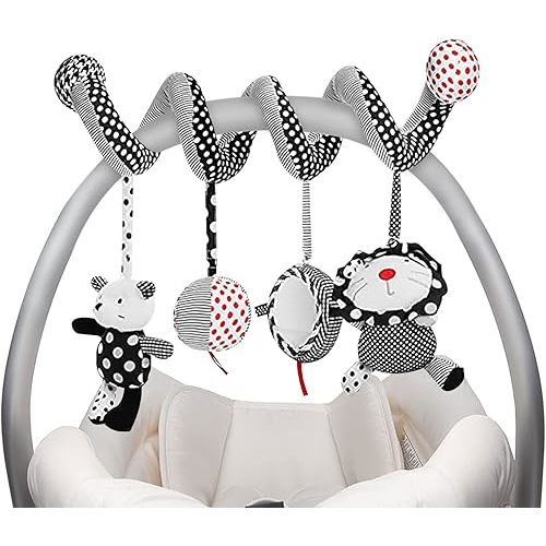 Genius Baby Toys Car Seat Toys for Infants - High Contrast Colors That Baby Sees Best - Easy to Attach - Car Seat Toy to Entertain Baby During Car Rides - Includes 4 Removable Toys on Spiral