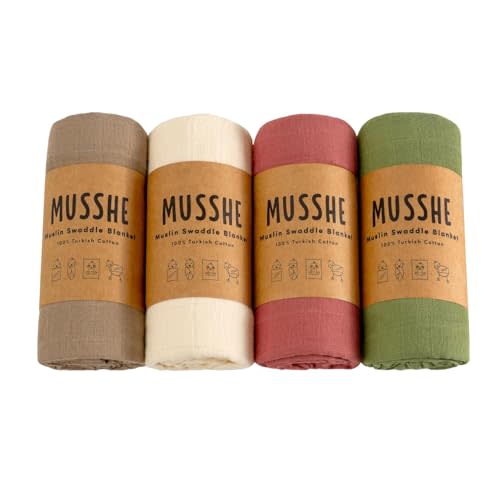 MUSSHE Muslin Swaddle Blankets - 4 Pack, 100% Organic Turkish Cotton Baby Blankets, Soft & Breathable Newborn Swaddles, Baby Wrap for Boys & Girls, Ideal for Sensitive Skin (4 Pcs, 40x40 Inch)
