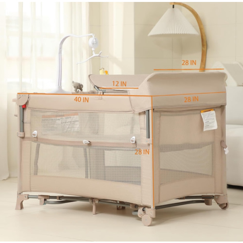 5 in 1 Pack and Play, Baby Bassinet Bedside Sleeper, Baby Playard, Bedside Crib with Changing Table, Foldable Travel Playard for Newborn to Toddles (Beige)